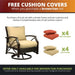 Promotional graphic offering free red cushion covers with the purchase of a brown frame and tan cushion fire pit set, featuring a swivel chair.