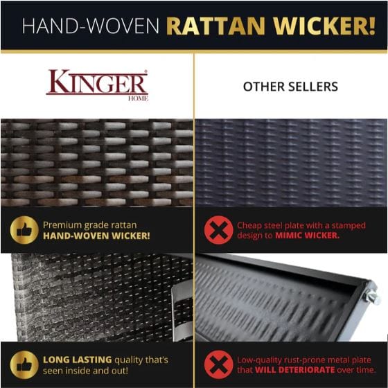 Comparison infographic showcasing premium handwoven rattan wicker versus stamped metal mimicry, highlighting durability and quality differences.