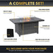 Infographic showing a complete fire pit table set with wind guard, burner lid, 10 lbs of fire glass, and weather cover, all included in purchase.