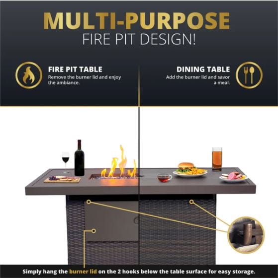 Infographic showcasing a multi-purpose fire pit table design that doubles as a dining table with removable burner lid and convenient storage hooks.