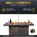 Infographic showcasing a multi-purpose fire pit table design that doubles as a dining table with removable burner lid and convenient storage hooks.