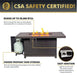 Infographic highlighting a fire pit with 50,000 BTUs, CSA safety certification, hidden propane tank storage, and easy push-to-start ignition system.