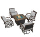 Outdoor fire pit table set with a square fire pit featuring brown frame, gray cushioned swivel chairs, and a stylish patio setup.