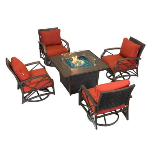 Outdoor fire pit table set with a square fire pit featuring brown frame, red cushioned swivel chairs, and a stylish patio setup.