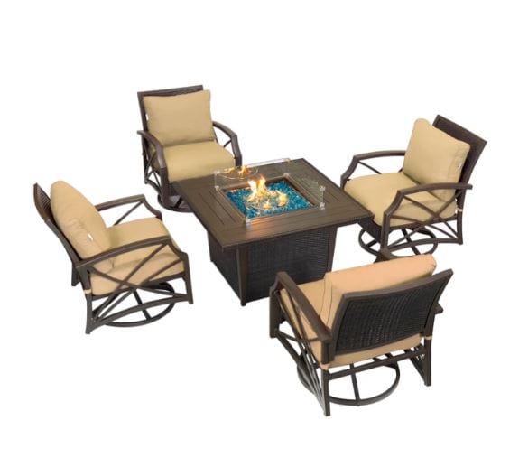 Outdoor fire pit table set with a square fire pit featuring brown frame, tan cushioned swivel chairs, and a stylish patio setup.