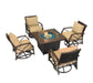 Outdoor fire pit table set with a square fire pit featuring brown frame, tan cushioned swivel chairs, and a stylish patio setup.