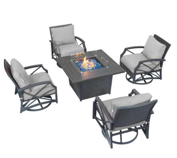 Outdoor fire pit table set with a square fire pit featuring gray frame, gray cushioned swivel chairs, and a stylish patio setup.