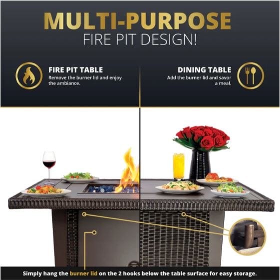 Multi-purpose fire pit table design showing use as a fire pit for ambiance and a dining table with lid, highlighting storage hooks underneath.