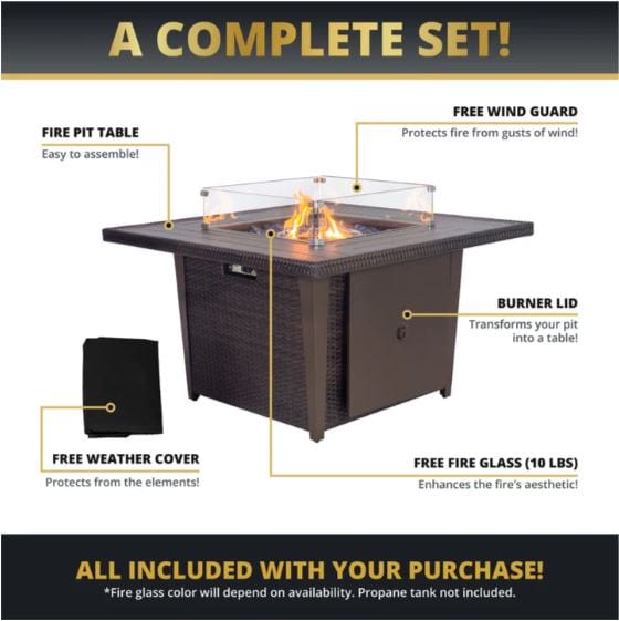 Complete fire pit set with wind guard, burner lid for table conversion, weather cover, and 10 lbs of fire glass for added aesthetic appeal.