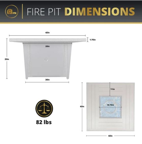 Fire pit dimensions graphic showing 42-inch tabletop, 25-inch height, 28-inch base width, and a total weight of 82 lbs for easy reference.