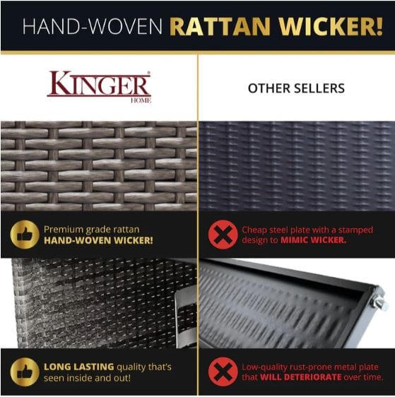 Comparison chart showcasing premium hand-woven rattan wicker versus cheaper steel plates mimicking wicker, emphasizing durability and quality.