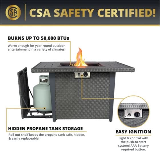 CSA-certified fire pit with 50,000 BTU output, hidden propane tank storage, and easy push-to-start ignition system for outdoor entertainment.