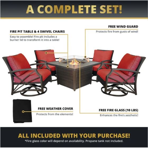 Outdoor fire pit set with red cushioned swivel chairs, square fire pit, wind guard, 10 lbs of fire glass, and weather cover included.