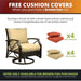 Promotional graphic offering free red cushion covers with the purchase of a tan cushion and brown frame outdoor set, showing both color options.