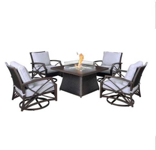 Outdoor fire pit table set featuring a square fire pit with a wicker base and four swivel chairs with gray cushions in a modern design.