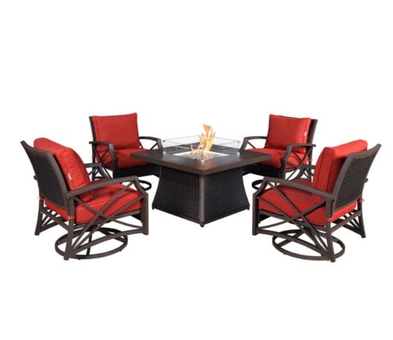 Outdoor fire pit table set featuring a square fire pit with a wicker base and four swivel chairs with red cushions in a modern design.