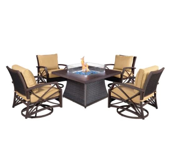 Outdoor fire pit table set featuring a square fire pit with a wicker base and four swivel chairs with tan cushions in a modern design.