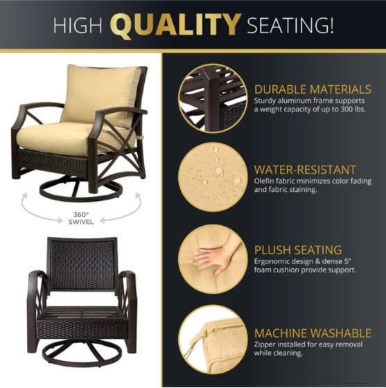 High-quality swivel chair featuring durable aluminum frame, water-resistant Olefin fabric, plush 5-inch cushions, and machine-washable covers.