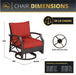 Swivel chair dimensions chart showing a 38 lb chair with a 23.5-inch diameter base, red cushions, and detailed height, width, and depth measurements.