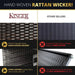 Comparison chart showcasing premium hand-woven rattan wicker versus cheaper steel plates mimicking wicker, emphasizing durability and quality.