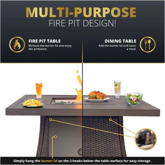 Multi-purpose fire pit table design showing use as a fire pit for ambiance and a dining table with lid, highlighting storage hooks underneath.