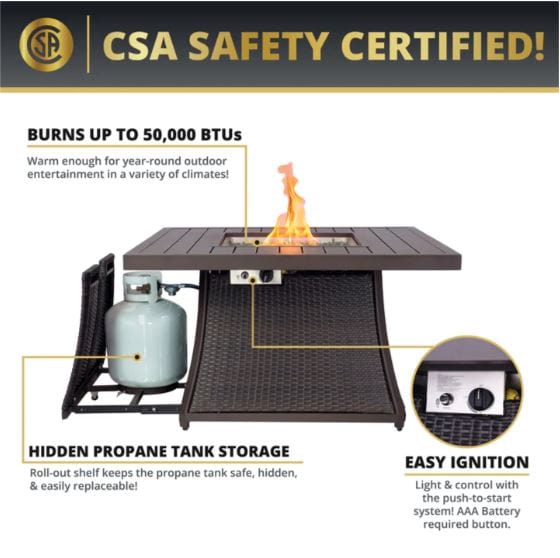 CSA-certified fire pit with 50,000 BTU output, hidden propane tank storage, and easy push-to-start ignition system for outdoor entertainment.