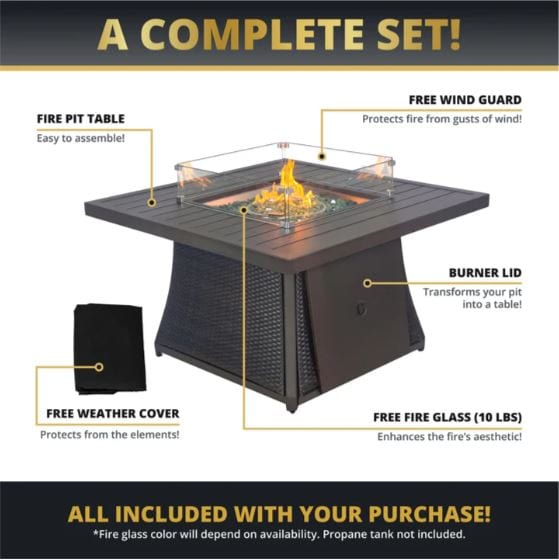 Complete fire pit table set with wind guard, burner lid, weather cover, and 10 lbs of fire glass, showcasing features and included accessories.