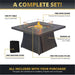 Complete fire pit table set with wind guard, burner lid, weather cover, and 10 lbs of fire glass, showcasing features and included accessories.