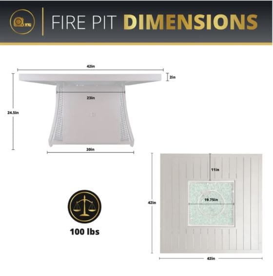 Fire pit dimensions with measurements: 42x42 inches, 24.5 inches height, 100 lbs weight, showing detailed top and side views for scale.