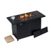 Black rectangular fire pit table with decorative flames and lava rocks, removable panel, protective cover, and a cup placed on the tabletop.