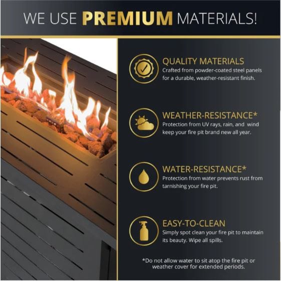 Premium fire pit features with flames and lava rocks, highlighting quality materials, weather resistance, water resistance, and easy-to-clean design.