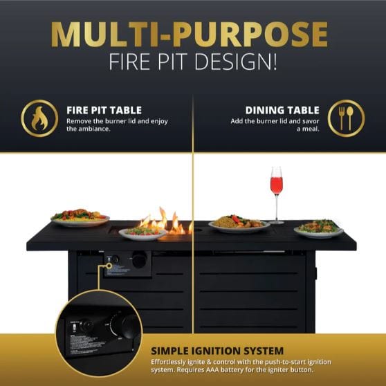 Multi-purpose fire pit table used as a cozy fire feature or dining table, showcasing easy ignition and versatile design for outdoor spaces.