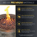 Premium fire pit materials infographic highlighting quality MGO construction, weather resistance, water resistance, and easy-to-clean features.