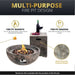 Multi-purpose fire pit design infographic showcasing warmth for s'mores and ambiance, with a side table for grazing and a rustic concrete texture.