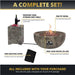 Complete fire pit set infographic featuring a propane tank storage side table, fire pit bowl, 10 lbs of lava rocks, and a weatherproof cover.