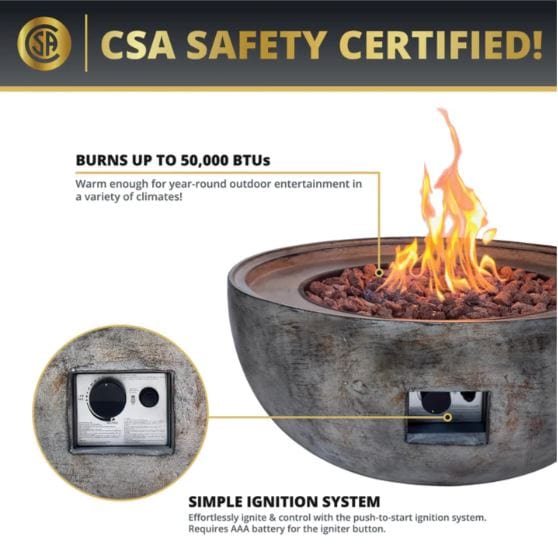 CSA-certified fire pit with 50,000 BTUs for year-round warmth, featuring a simple push-to-start ignition system and adjustable flame control.