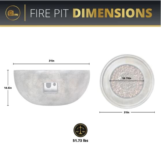 Fire pit dimensions infographic showing a 31-inch diameter, 14.5-inch height, 19.75-inch inner diameter, and weight of 51.73 pounds.