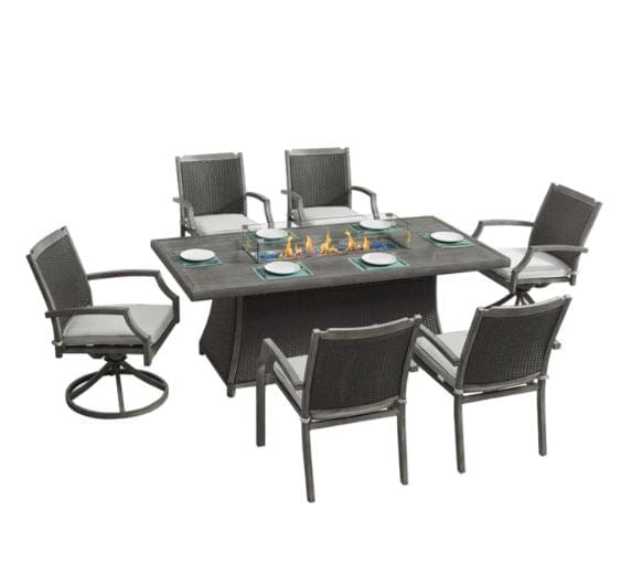 Outdoor dining set with six cushioned chairs, including two swivel chairs, and a rectangular fire pit table with glass wind guard and flames.