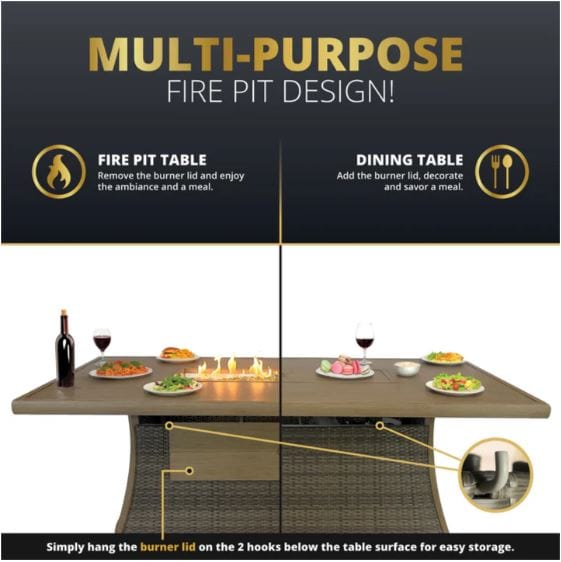 Infographic showcasing a multi-purpose fire pit design that transforms from a fire pit table for ambiance to a dining table with a burner lid.