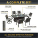 Infographic showcasing a complete fire pit dining set with a fire pit table, 2 swivel chairs, 4 stationary chairs, wind guard, burner lid, and fire glass.