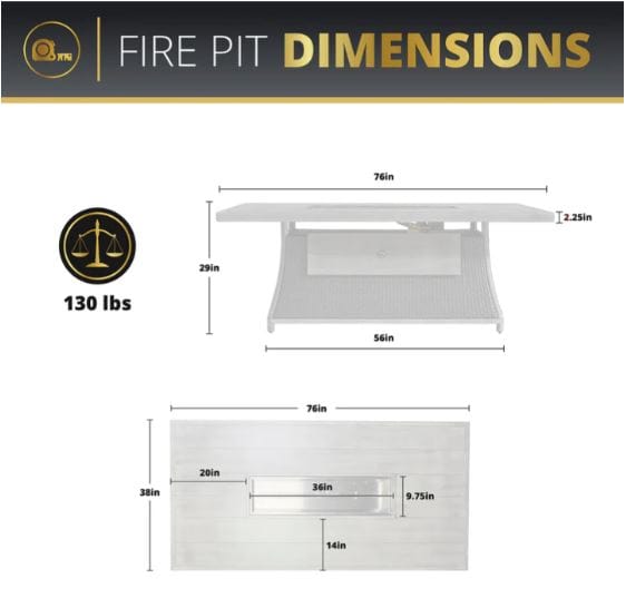 Infographic displaying fire pit dimensions: 76x38 inches with a height of 29 inches, a weight of 130 lbs, and detailed burner measurements.