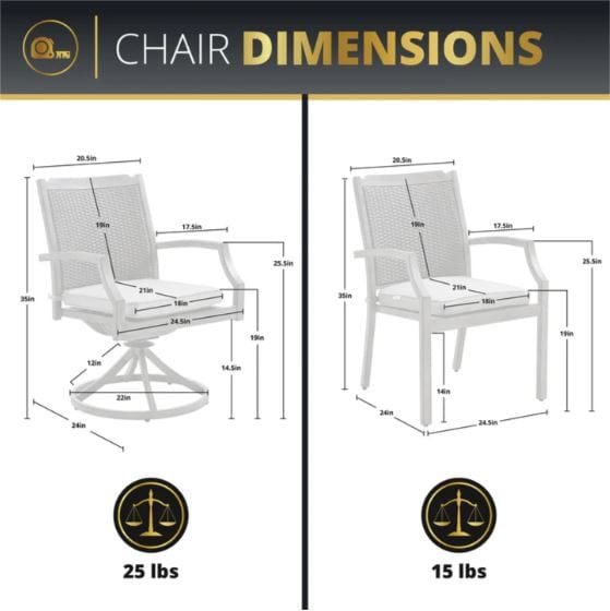 Infographic showing chair dimensions: swivel chair at 25 lbs with detailed measurements, and stationary chair at 15 lbs with corresponding dimensions.