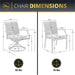 Infographic showing chair dimensions: swivel chair at 25 lbs with detailed measurements, and stationary chair at 15 lbs with corresponding dimensions.