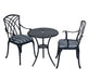 Stylish 3-piece patio set with a round lattice table and two black cushioned chairs featuring curved armrests and striped cushions.