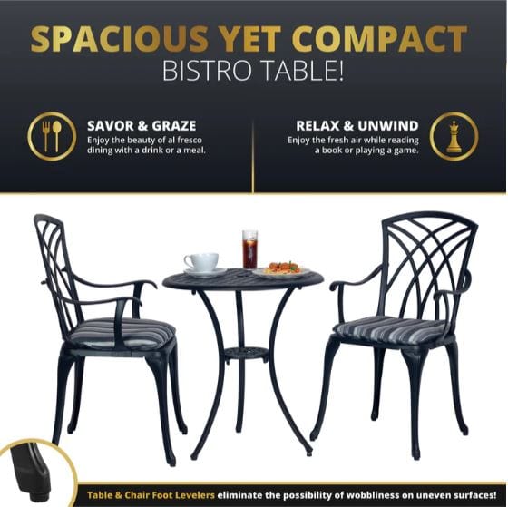 Compact outdoor bistro set with a round table and two cushioned chairs, promoting alfresco dining and relaxation with foot levelers for stability.