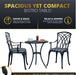 Compact outdoor bistro set with a round table and two cushioned chairs, promoting alfresco dining and relaxation with foot levelers for stability.