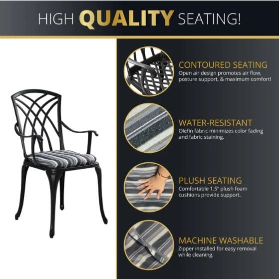 High-quality patio chair with contoured backrest, water-resistant striped cushions, plush foam seating, and machine-washable cushion covers.