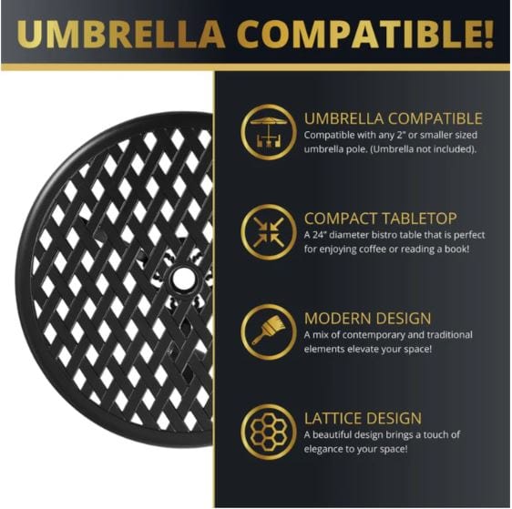 Round lattice-patterned tabletop with an umbrella hole, showcasing compatibility with 2" poles, compact design, and elegant modern styling.