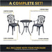 Complete patio bistro set with two cushioned chairs, a round table featuring an umbrella hole, and 12 foot levelers for stability on uneven surfaces.