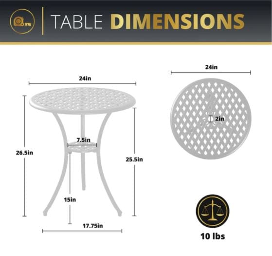 Diagram showing round patio table dimensions: 24 inches in diameter, 26.5 inches tall, with a 2-inch umbrella hole and weighing 10 pounds.